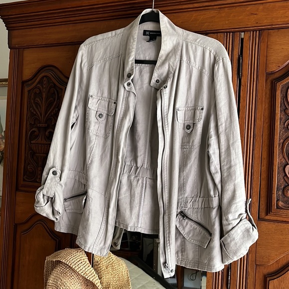 Inc 100% linen military utility jacket women’s size XL Tan roll sleeve - Picture 1 of 7